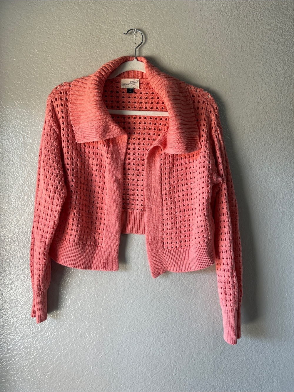 Universal Thread Coral Open-Knit Collared Cropped Cardigan Sz M Boho Office Chic